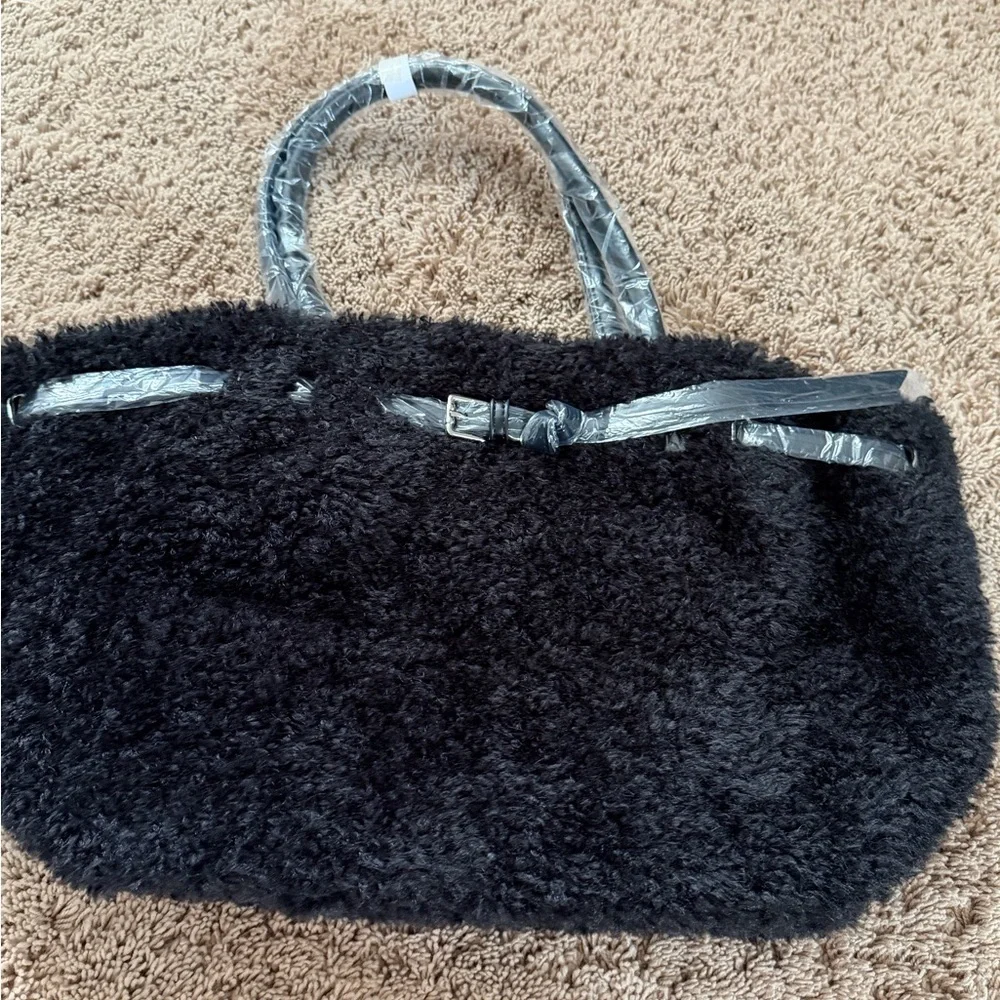 NWT new Anthropologie belted Sherpa tote bag crossbody black fuzzy